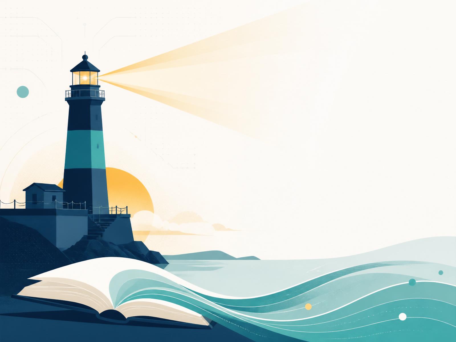 Stylised lighthouse on a calm harbour with an open book and gentle waves